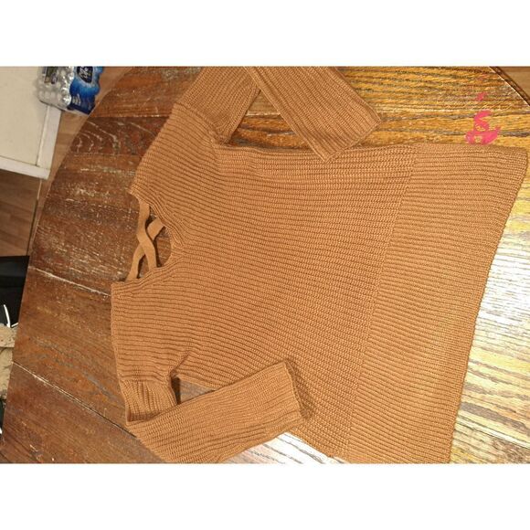 Small Pink Rose Brown Long Sleeve Criss Cross Back Loose Knit Pullover Sweater - Picture 4 of 5